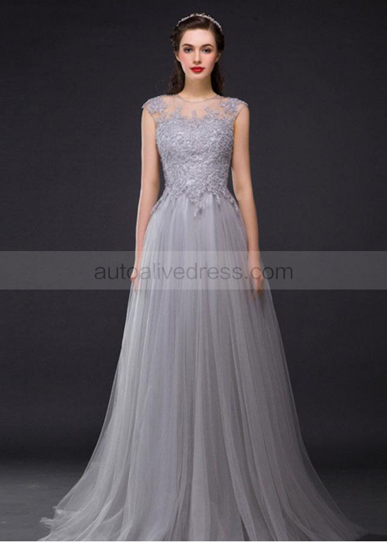 Gray Lace Tulle Beads Sheer Back Long Evening Dress